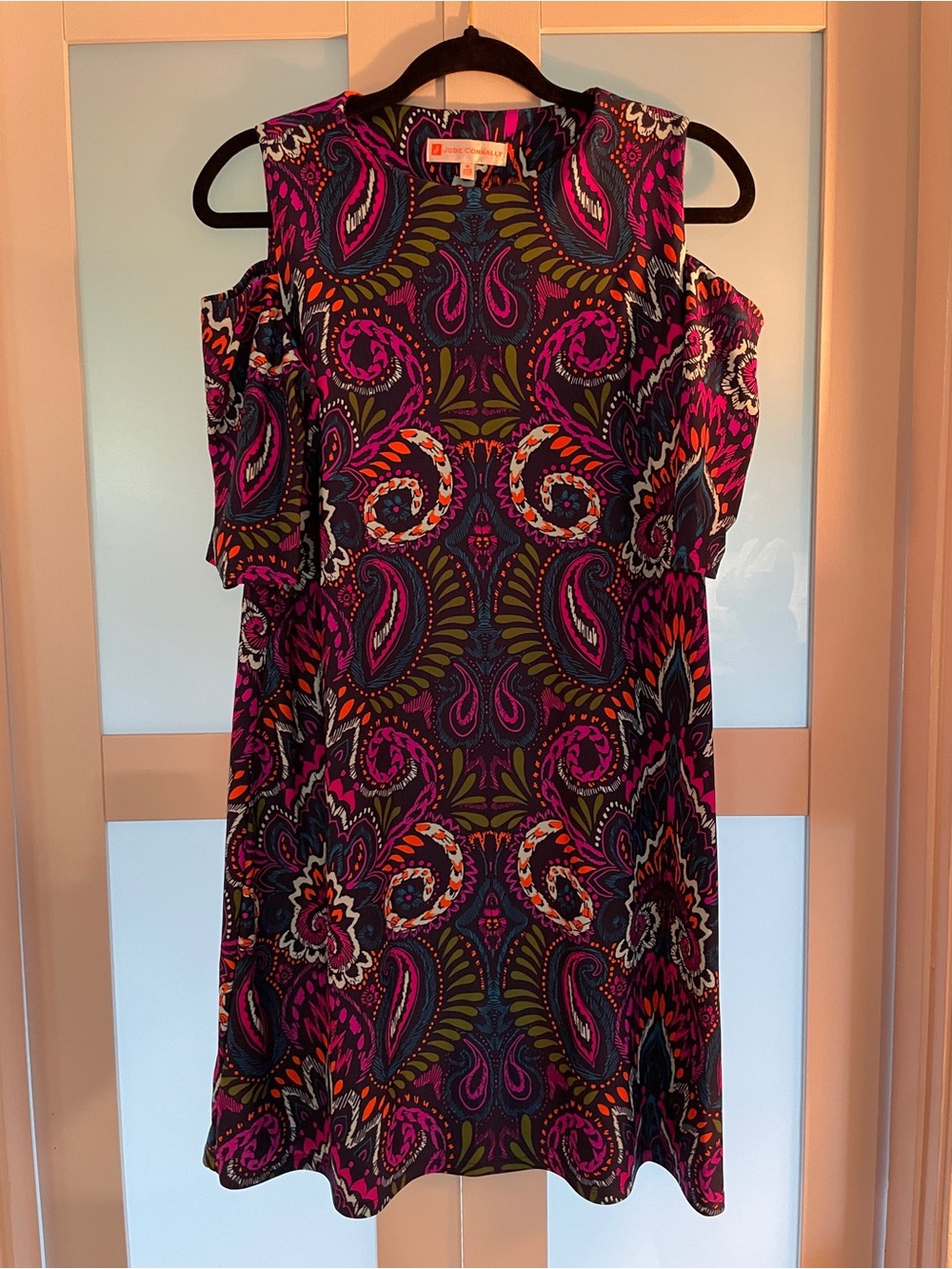 Jude Connally Cold-Shoulder Paisley Print Dress in Fuchsia and Navy